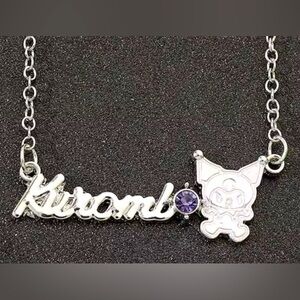 Kuromi Engraved Nameplate Necklace Silver Tone Purple Gemstone Character Sanrio